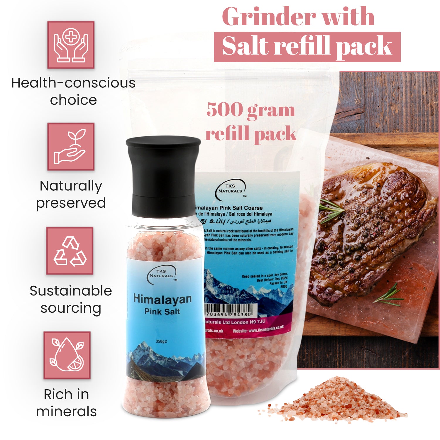 Himalayan Dark pink salt Grinder & Packet refill set