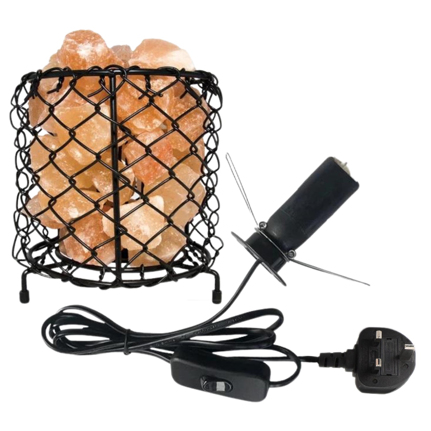 Himalayan Pink Salt Rocks Lamp in Black Round iron cage (20cm x 20cm)