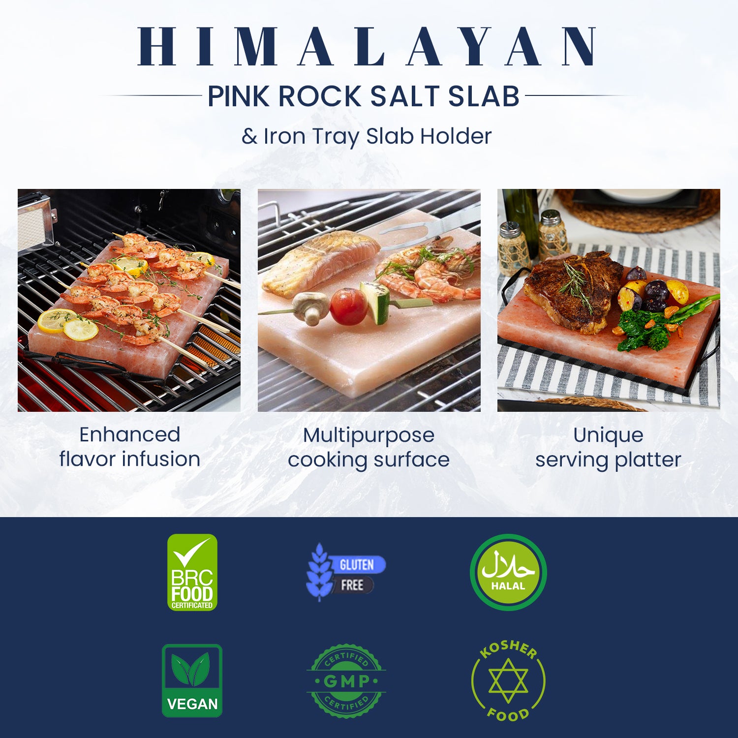 Large Cooking & grilling Himalayan Pink Salt slab block with metal Irion Tray holder ( 30cm x 20 x 3cm)